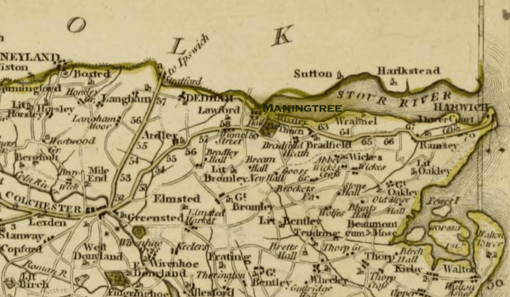 1793 map of Essex, England, showing the head of the River Stour Estuary.